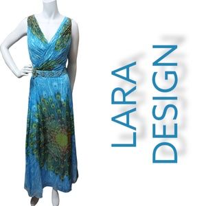 Lara Design Light Blue and Green Sleeveless Peacock Dress Size 16